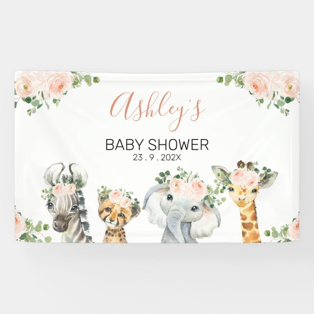 Pink Floral Eucalyptus Safari Baby Shower Banner (Horizontal)