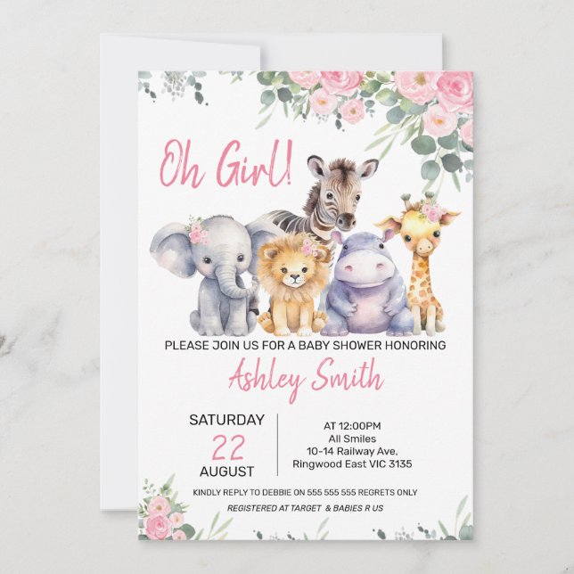 Pink Floral Eucalyptus Safari Baby Shower Invitation (Front)