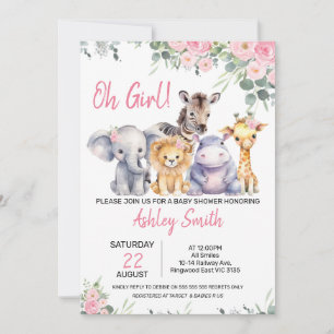 Pink Floral Eucalyptus Safari Baby Shower Invitation