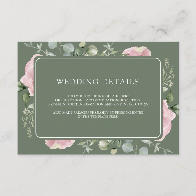 Pink Floral Eucalyptus Sage Green Wedding Details Enclosure Card (Front)