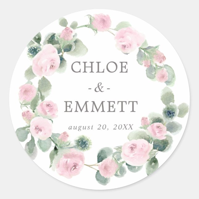 Pink Floral Eucalyptus Wedding Envelope Seals (Front)