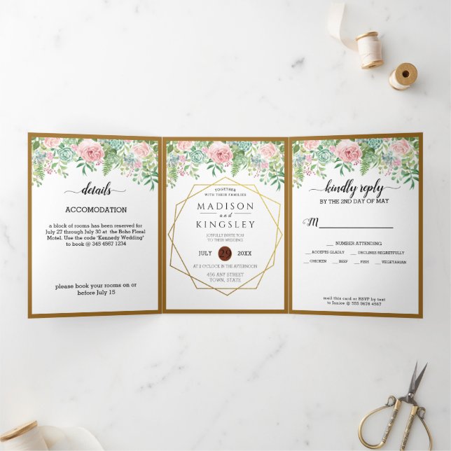 Pink Floral Fab Botanical Wedding Tri-Fold Invitation (Inside)
