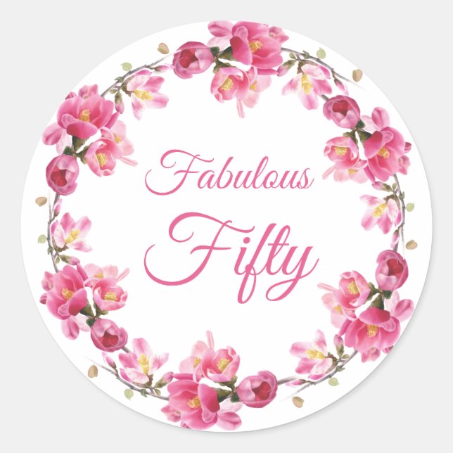 Pink Floral Fabulous 50 Birthday Classic Round Sticker (Front)