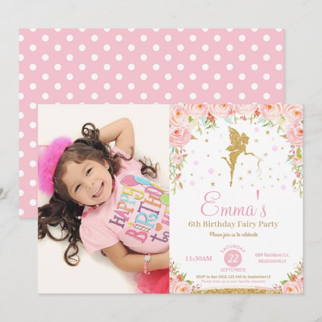 Pink Floral Fairy 1st Birthday Party Invitation (Front/Back)