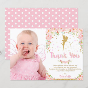 Pink Floral Fairy 1st Birthday Party Thank You Invitation