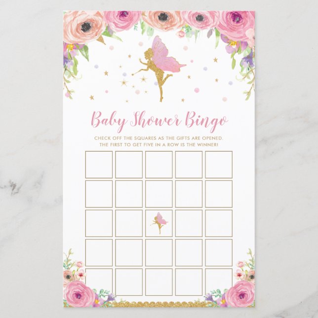 Pink Floral Fairy Baby Shower Bingo Game (Front)