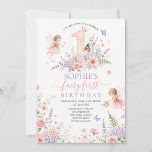 Pink Floral Fairy First Birthday Invitation