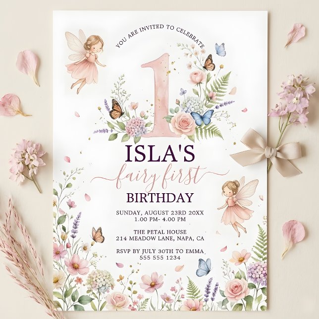 Pink Floral Fairy First Birthday Invitation (Pink Floral Fairy First Birthday Invitation)