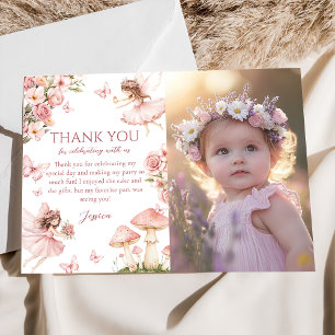 Pink Floral Fairy First Birthday Photo Thank You Card