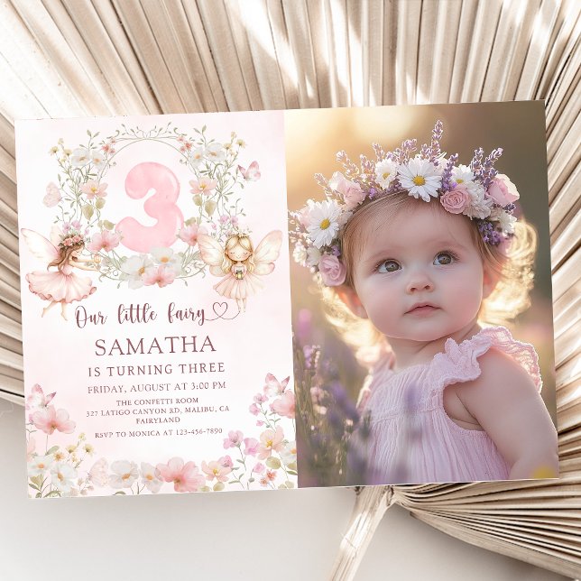 Pink Floral Fairy Garden 3rd Birthday Photo Invitation (Creator Uploaded)