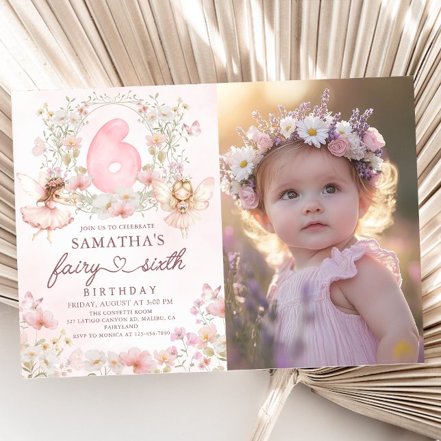 Pink Floral Fairy Garden 6th Birthday Photo Invitation (Creator Uploaded)