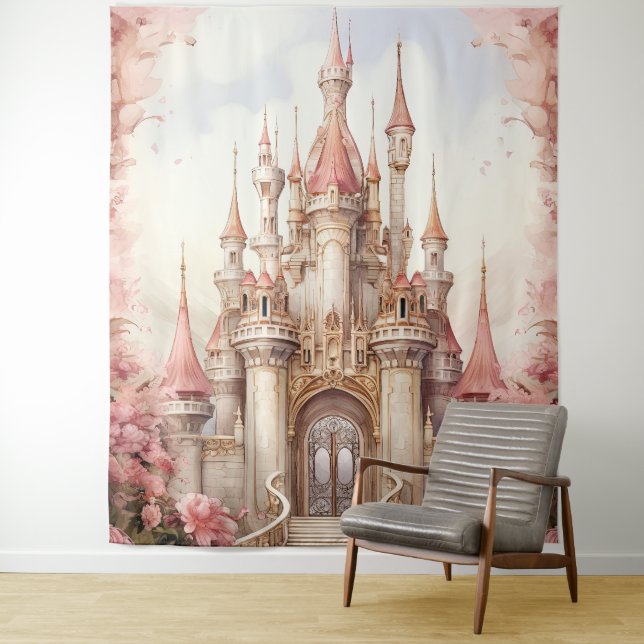 Pink Floral Fairytale Castle Tapestry (In Situ)