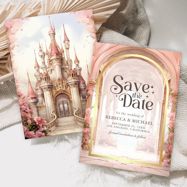 Pink Floral Fairytale Castle Wedding Save The Date (Creator Uploaded)