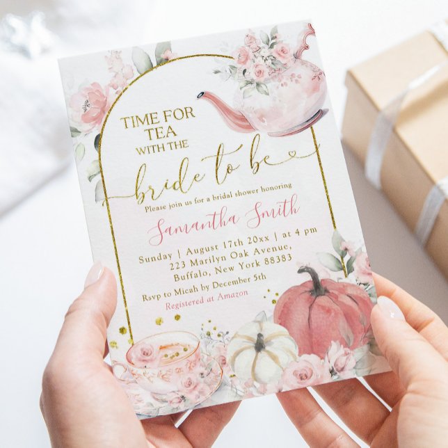 Pink Floral Fall Pumpkin Bridal Shower Tea Invitation (Creator Uploaded)