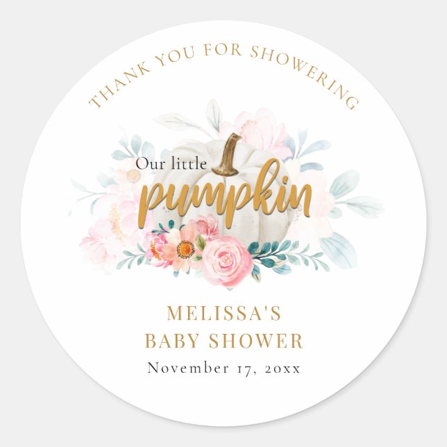 Pink Floral Fall Pumpkin Girl Baby Shower Classic Round Sticker (Front)