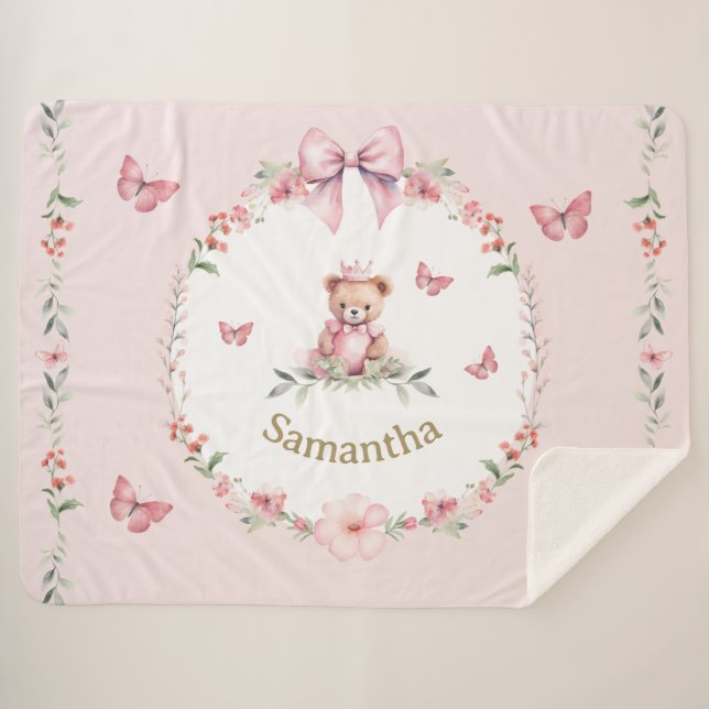 Pink Floral Fantasies and Teddy Bear Hugs  Sherpa Blanket (Front (Horizontal))