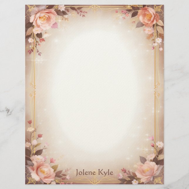 Pink Floral Fantasy with a Gold Frame Stationery Custom Letterhead (Front)
