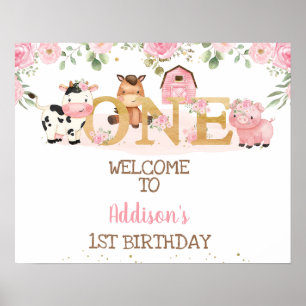 Pink Floral Farm 1st Birthday Welcome Poster