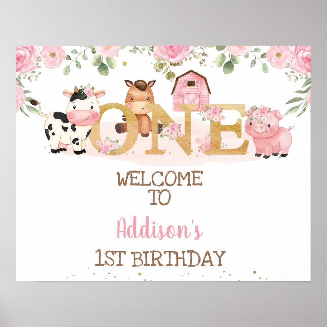 Pink Floral Farm 1st Birthday Welcome Poster (Front)
