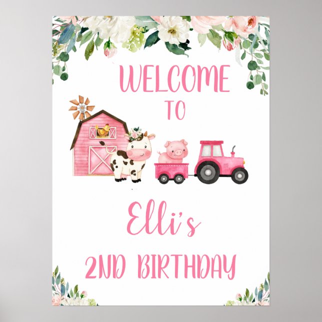 Pink Floral Farm And Tractor Birthday Welcome Sign (Front)