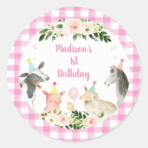 Pink Floral Farm Animal Birthday Classic Round Sticker
