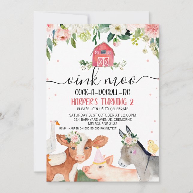 Pink Floral Farm Animals 2nd Birthday Invitation (Front)