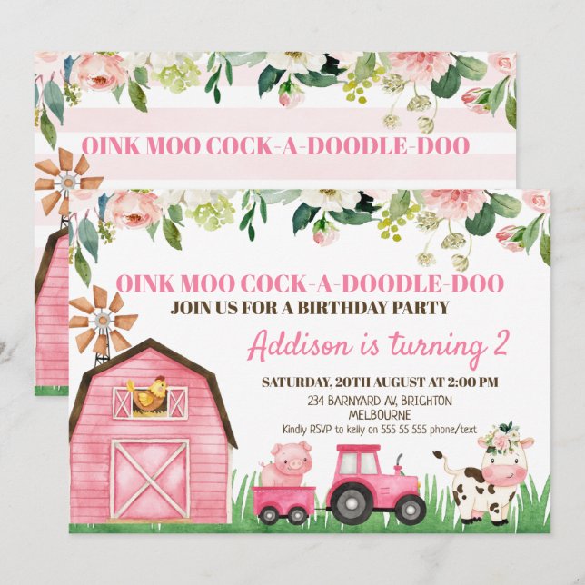 Pink Floral Farm Animals Birthday Invitations (Front/Back)