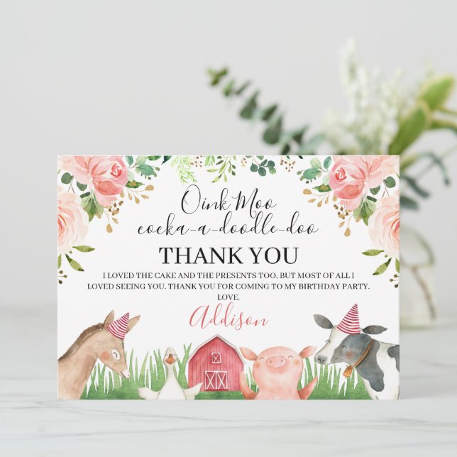 Pink Floral Farm Animals Birthday Thank You Card (Standing Front)