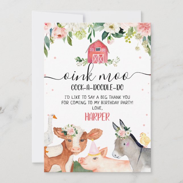 Pink Floral Farm Animals Birthday Thank You Card (Front)