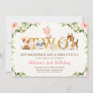 Pink Floral Farm Animals Second Birthday Invitation