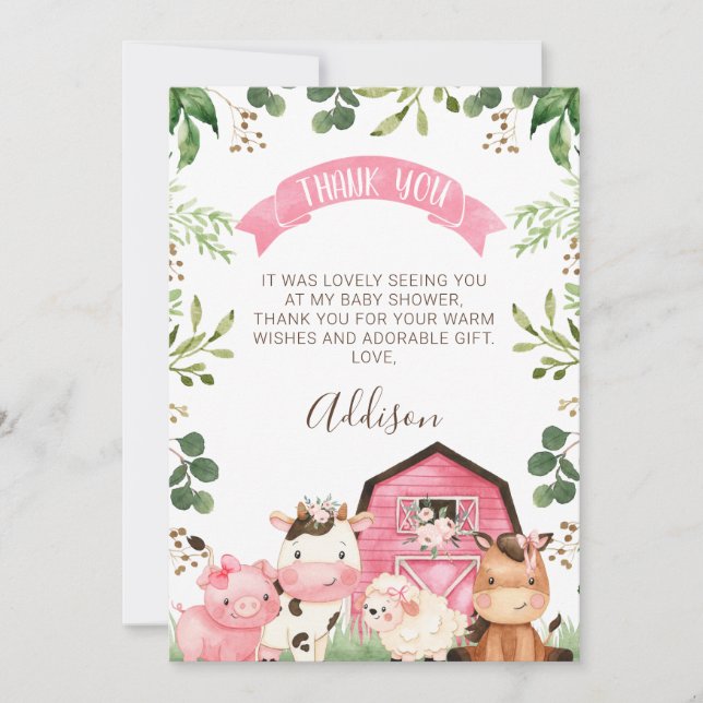 Pink Floral Farm Barn Baby Shower Thank You Card (Front)