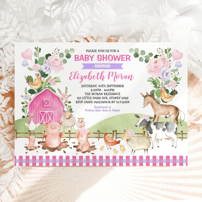Pink Floral Farm Barnyard Animals Girl Baby Shower Invitation (Creator Uploaded)