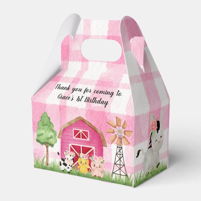 Pink Floral Farm Barnyard Birthday Party Favour Bo Favour Box (Front Side)