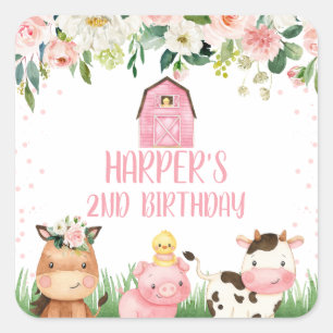 Pink Floral Farm Birthday Favour Sticker