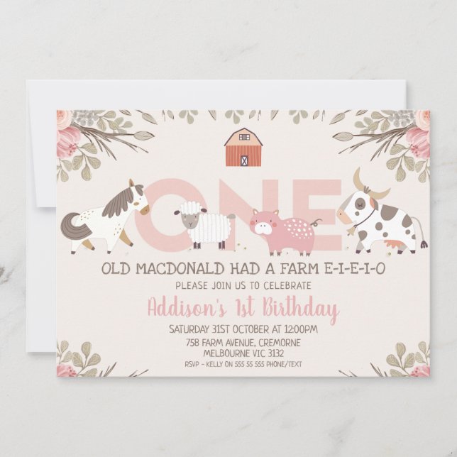 Pink Floral Farm Farmyard 1st Birthday Invitation (Front)