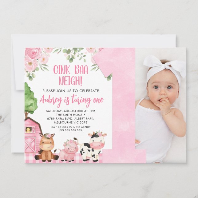 Pink Floral Farm Photo 1st Birthday Invitation (Front)