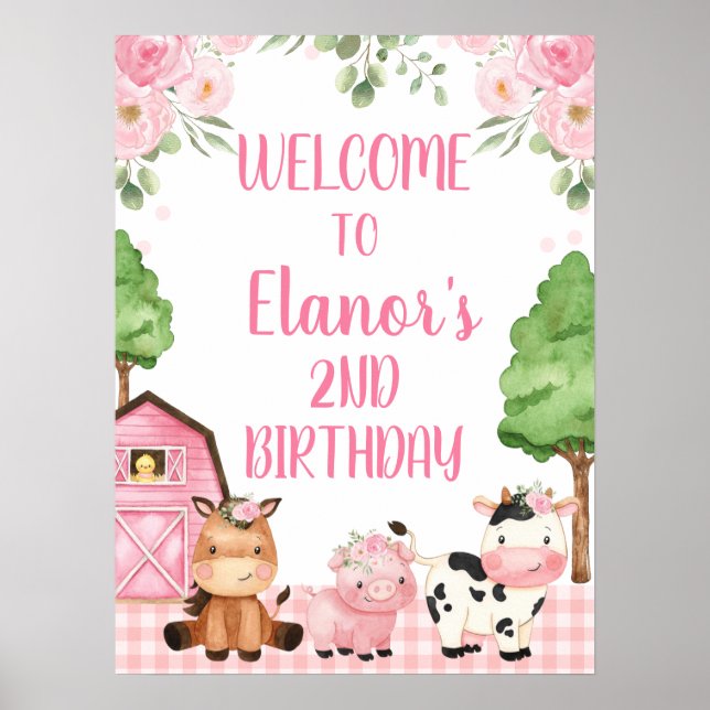 Pink Floral Farm Welcome Birthday Party Sign (Front)