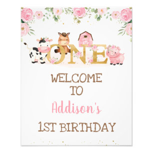 Pink Floral Farm Word First Birthday Welcome Sign
