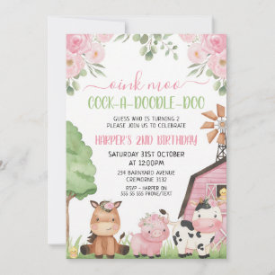 Pink Floral Farmyard Girl Birthday Invitation