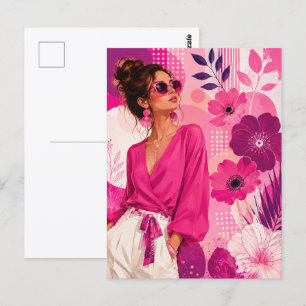 Pink floral fashion girl postcard