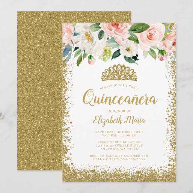 Pink Floral Faux Glitter Tiara Quinceanera Invitation (Front/Back)
