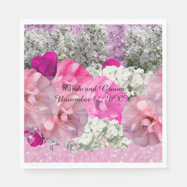 Pink Floral Faux Glitter Wedding Paper Napkins (Front)