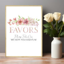 Pink Floral Favours Sign Poster