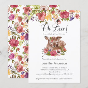 Pink Floral Fawn Oh Deer Girl Baby Shower Invitation