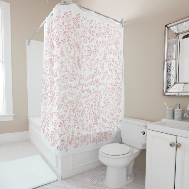Pink Floral Feathers and Leaves Pattern Shower Curtain (In Situ)
