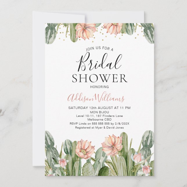 Pink Floral Fiesta Cactus Succulent Bridal Shower Invitation (Front)