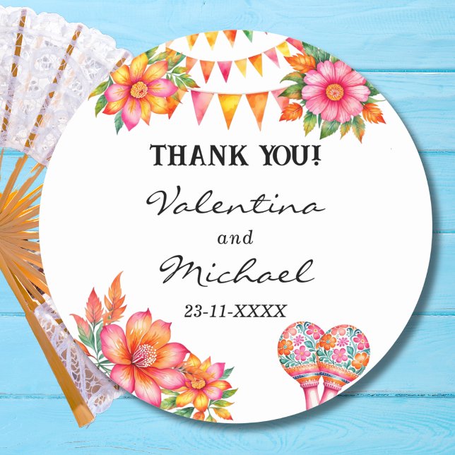 Pink Floral Fiesta Mexican Wedding Thank You Classic Round Sticker (Creator Uploaded)