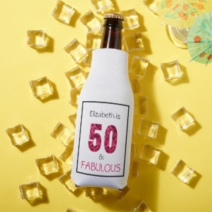 Pink Floral Fifty and Fabulous 50th Birthday Bottle Cooler
