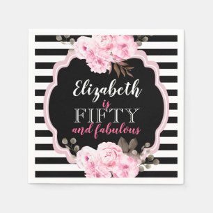 Pink Floral Fifty & Fabulous Photo Black & White Napkin