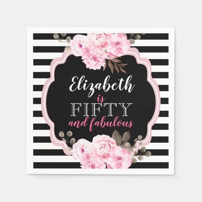Pink Floral Fifty & Fabulous Photo Black & White Napkin (Front)